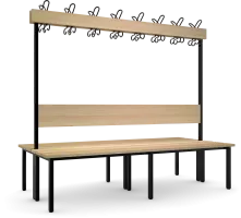 Doppelseitige Garderobenbank mit Sitzauflagen, Rückenlehne und Hackenleiste aus Buchenholzleisten, Ausführung ohne Schuhrost